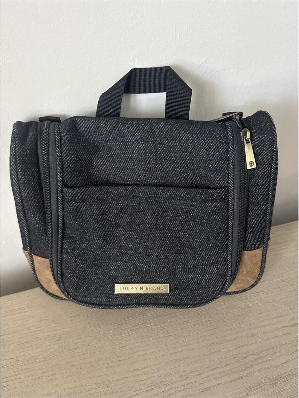 Men’s Lucky Brand Toiletry Travel Bag Denim Black Brown Trim